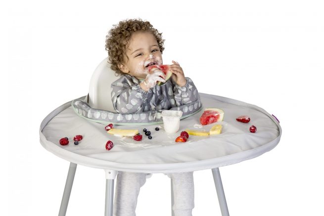 Tidy Tot Apple and Pear bib with grey tray - boy fruit